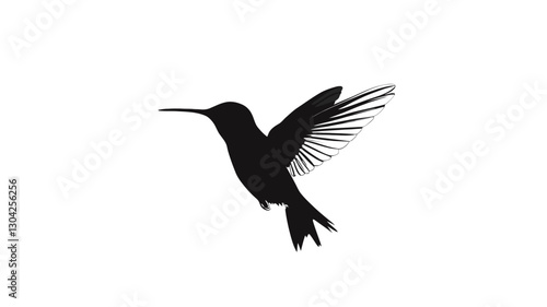 The image is a minimalist graphic representation of a hummingbird in flight.  The hummingbird is depicted as a solid black silhouette against a pure white background. The wings are slightly