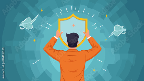 Protecting Mental Well-being, Overcoming Depression and Anxiety with Support and Resilience, Metaphorical Illustration of Man Shielding from Emotional Storm
