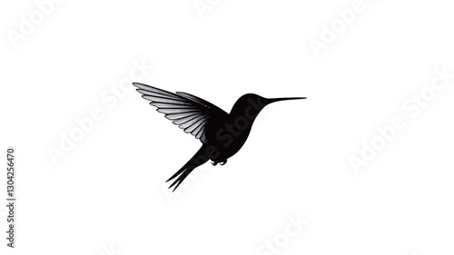 The image is a minimalist graphic representation of a hummingbird in flight.  The hummingbird is depicted as a black silhouette against a white background.  The silhouette shows the bird's