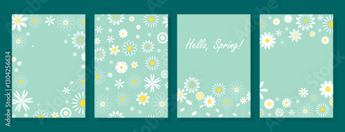 Set of spring themed cards. Collection of cute soft green templates with white flowers. Floral cozy backgrounds for flyer, leaflet, postcard, banner and other design. Vector graphics