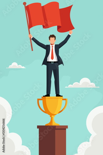 Triumphant Businessman Raising Flag on Trophy, Symbolizing Leadership Success and Determination