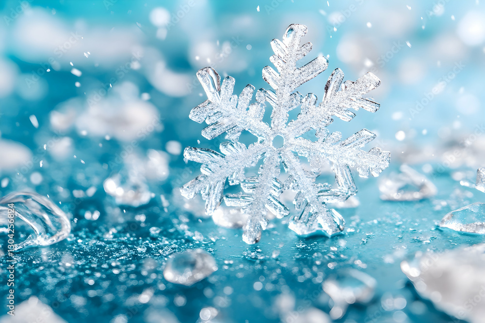 Frozen Snowflake Amidst Falling Ice Crystals Frozen Snowflake Amidst Falling Ice Crystals