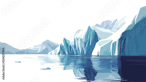 The image depicts a stylized illustration of a glacial landscape.  The scene features a series of snow-capped mountains and icebergs rising from calm, reflective water. The color palette is