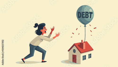 Woman struggling with mortgage debt, trying to prevent foreclosure as her house floats with a debt balloon.