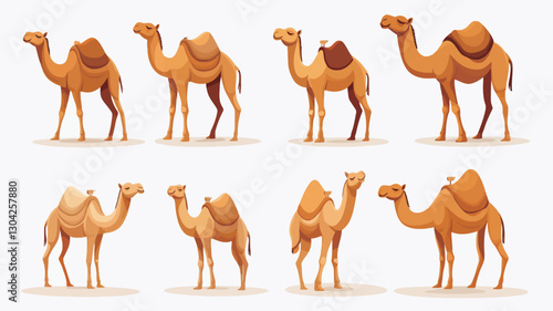 The image contains eight vector illustrations of dromedary camels.  The camels are depicted in various poses and are shown both with and without saddles. The style is cartoonish or