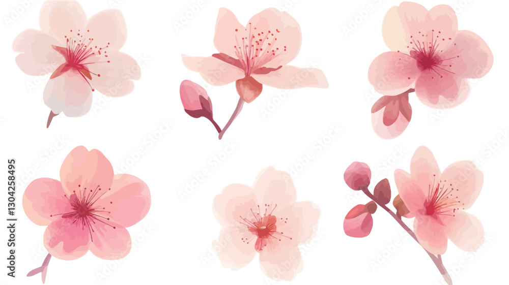 A digital illustration depicting seven individual pink cherry blossoms and buds in a watercolor style. The blossoms are rendered with soft, pastel hues and varying degrees of openness. A digital illustration depicting seven individual pink cherry blossoms and buds in a watercolor style. The blossoms are rendered with soft, pastel hues and varying degrees of openness.