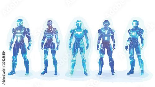 Digital illustration showcasing five stylized male figures. Each figure is rendered in shades of blue and white, appearing to be clad in energy suits that emit a soft glow.  The figures