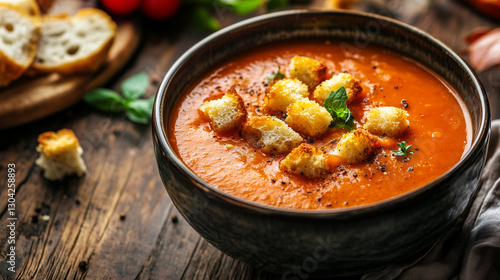 A bowl of thick tomato soup topped with toasted croutons and fresh herbs, served on a rustic wooden table for a vintage feel.