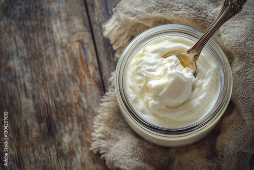Glass jar of thick probiotic yogurt with a spoon. A healthy fermented dairy product with beneficial bacteria for gut wellness.