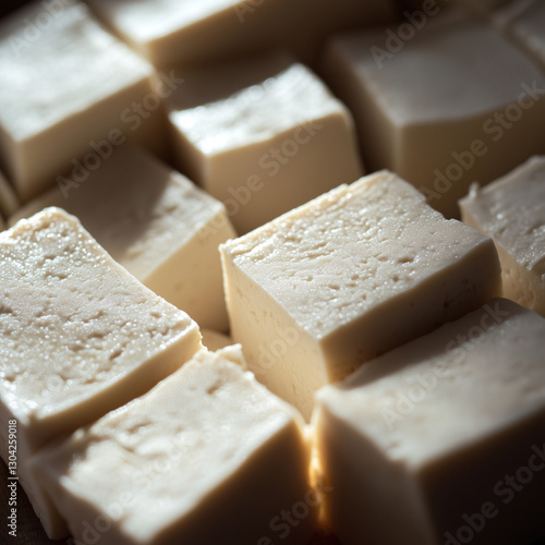 Soft cubes of fermented tofu arranged in natural light. A nutritious plant-based protein rich in probiotics and beneficial enzymes.