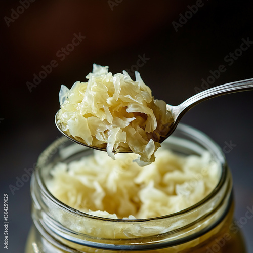 A close-up of probiotic-rich sauerkraut on a spoon. A traditional fermented food known for its gut health benefits.