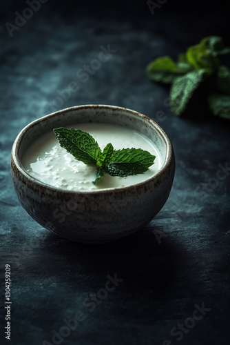 A rustic ceramic bowl of yogurt with fresh mint leaves. A probiotic-rich fermented dairy food known for its gut-friendly benefits.