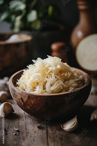 A rustic wooden bowl of freshly fermented sauerkraut. A gut-friendly probiotic food packed with beneficial bacteria and essential nutrients.