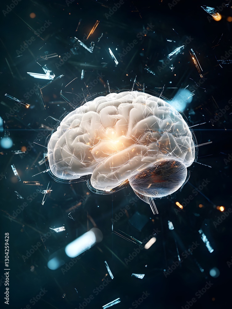 Fototapeta premium Floating crystalline brain structure digital realm 3d rendering futuristic environment close-up view conceptual representation