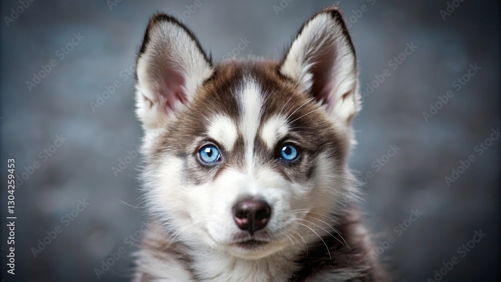 Naklejka premium Curious siberian husky puppy with one blue and one brown eye indoor setting portrait close-up adorable expression