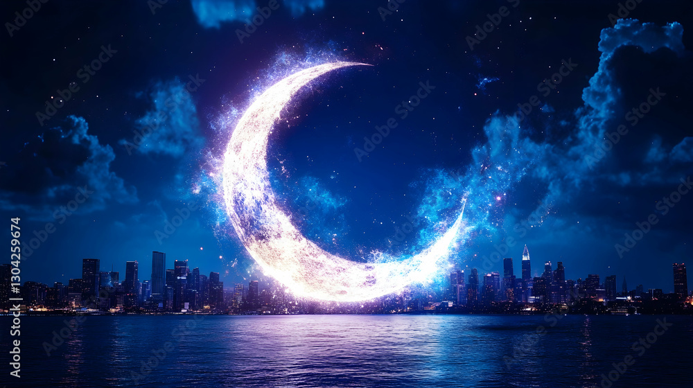 Obraz premium Illuminated Crescent Moon over City at Night