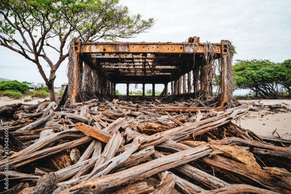 An old structure surrounded by driftwood and lush greenery. An old structure surrounded by driftwood and lush greenery.
