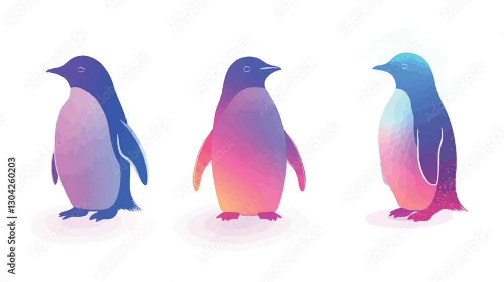Naklejka premium The image contains three stylized illustrations of penguins. Each penguin is depicted in a different gradient color scheme, ranging from cool blues and purples to warm pinks and oranges.