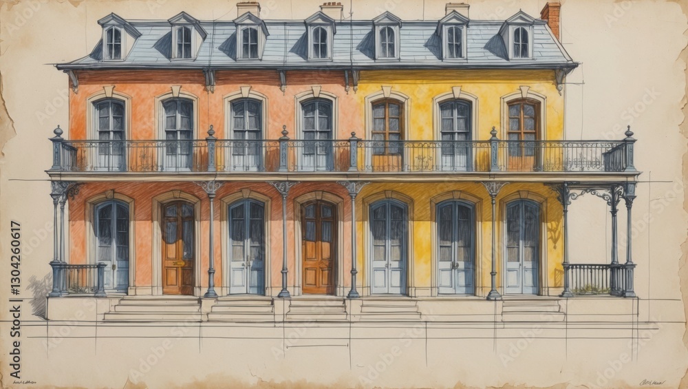 Obraz premium Illustration of two story building with orange and yellow walls. Gray roof and balconies. Windows and doors on facade. Architectural sketch on paper background.