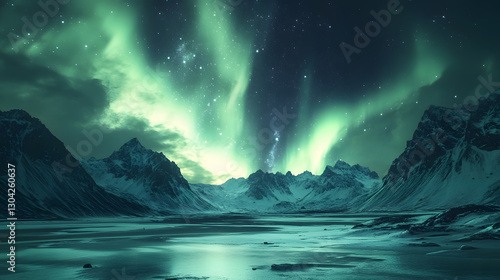 Celestial aurora borealis display over majestic mountains nature wallpaper background nighttime environment panoramic view