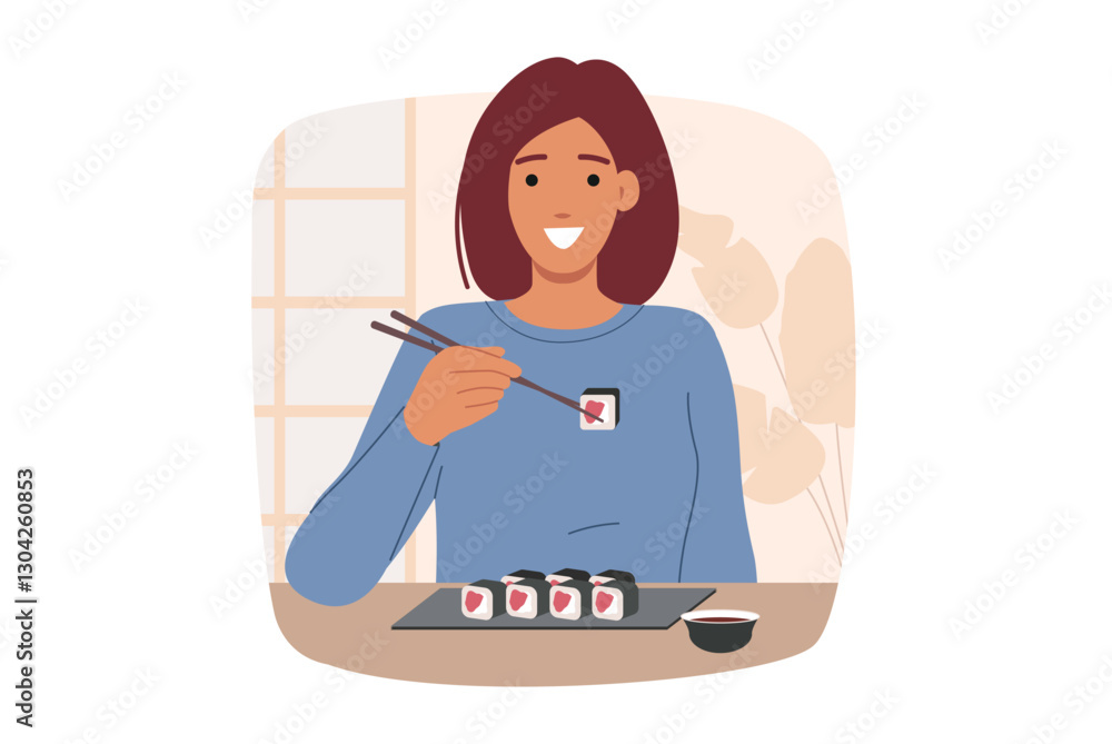 Woman eats maki rolls using chopsticks, sitting at table in oriental japanese restaurant. Girl smiles and rejoices at opportunity to taste maki rolls made from fresh rice and salmon with soy sauce