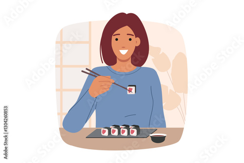 Obraz na płótnie Woman eats maki rolls using chopsticks, sitting at table in oriental japanese restaurant. Girl smiles and rejoices at opportunity to taste maki rolls made from fresh rice and salmon with soy sauce w salonie