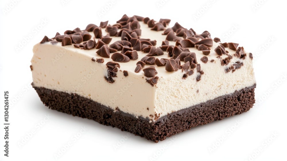 Creamy chocolate chip cheesecake slice resting on a pristine white background, highlighting its velvety texture and rich topping of decadent chocolate chips Creamy chocolate chip cheesecake slice resting on a pristine white background, highlighting its velvety texture and rich topping of decadent chocolate chips