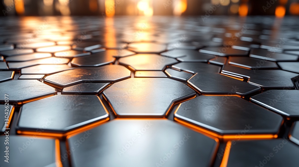 Obraz premium Abstract Hexagon Metal Surface Warm Light. AI Generated