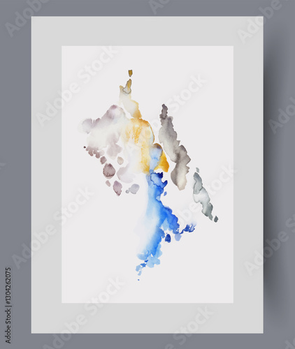 Colorful composition of abstract spots and elements on minimalistic wall art. Watercolor print. Artwork with surrealistic creativity with bright spots and dark strokes, in frame with decor for poster