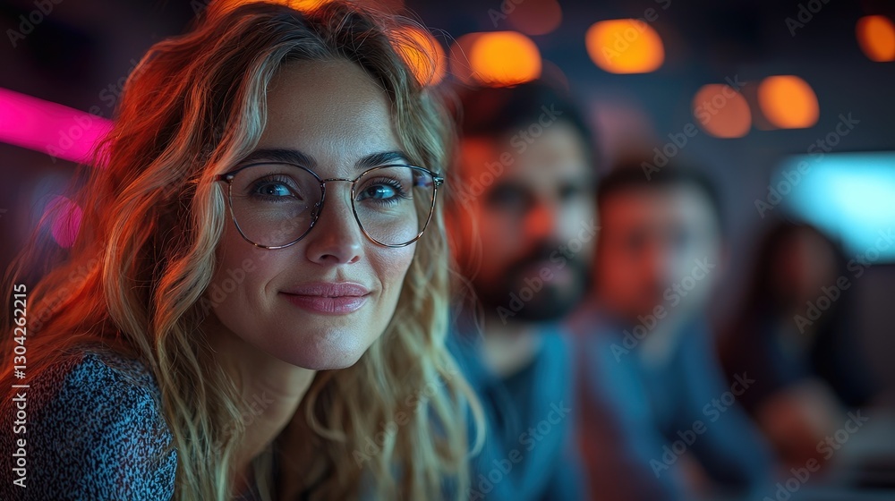 Smiling Woman With Glasses Posing In Front Of Others Smiling Woman With Glasses Posing In Front Of Others
