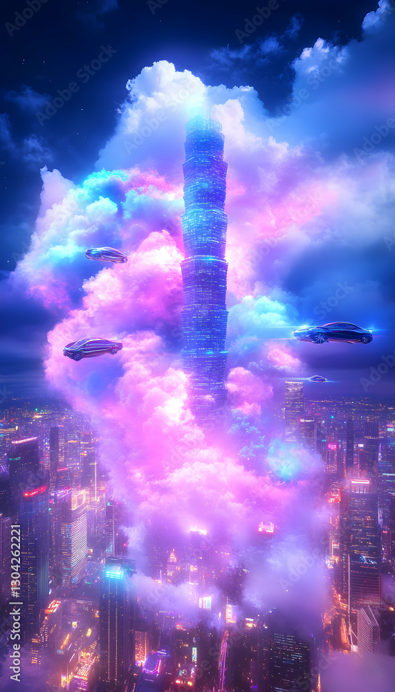 Obraz premium Neon cityscape skyscraper in glowing clouds