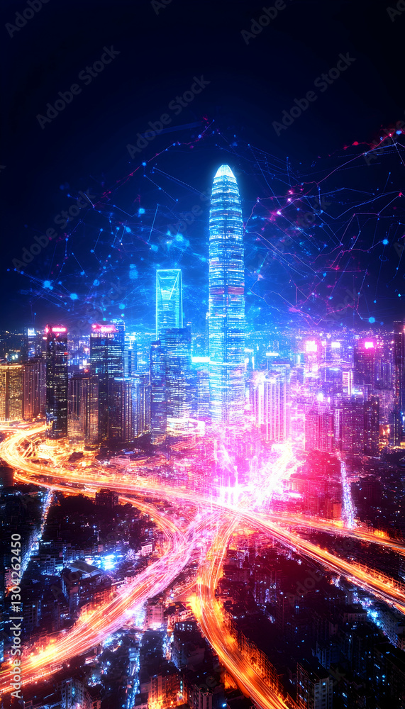 Naklejka premium Night City Skyline, Digital Network