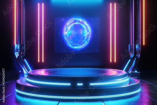 3D futuristic podium with glowing lights and space for product mockups and branding.