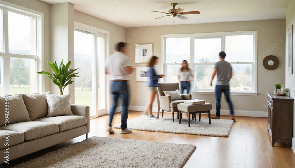 Fototapeta premium Visitors exploring spacious living room during open house, property sale