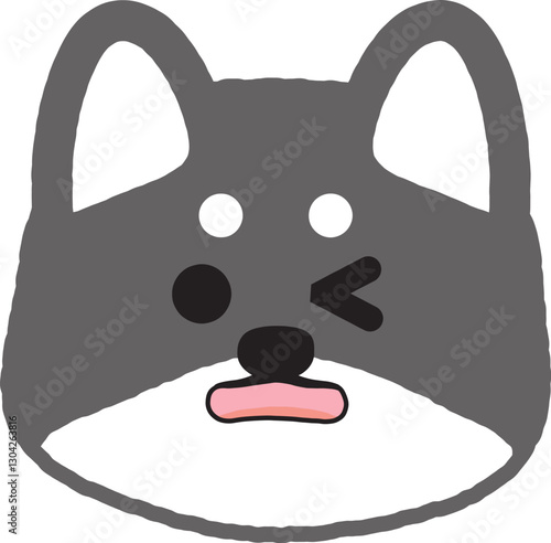 片目をつむって口を開けてるシンプルな黒柴のイラスト