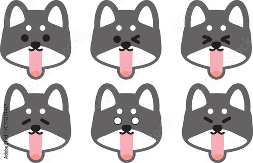 大きく口を開けているかわいい黒柴の表情イラストセット