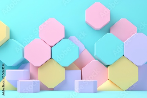 Vibrant pastel 3D hexagons, ideal for engaging and creative product branding displays.