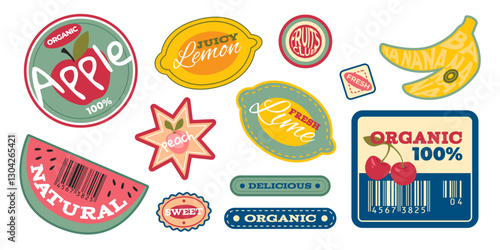 Vintage fruit stickers set isolated on white background. Vector cartoon illustration of retro organic food labels for lemon, lime, apple, watermelon, cherry, banana, peach, product quality badge