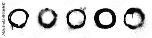 Spray paint circle collection with different graffiti effect styles. Black stencil rings with dripping and splattered, rough, solid and faded edge texture. Street art elements for urban designs.