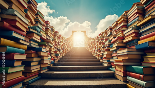 Colorful book staircase leading to mystical portal, imaginative journey