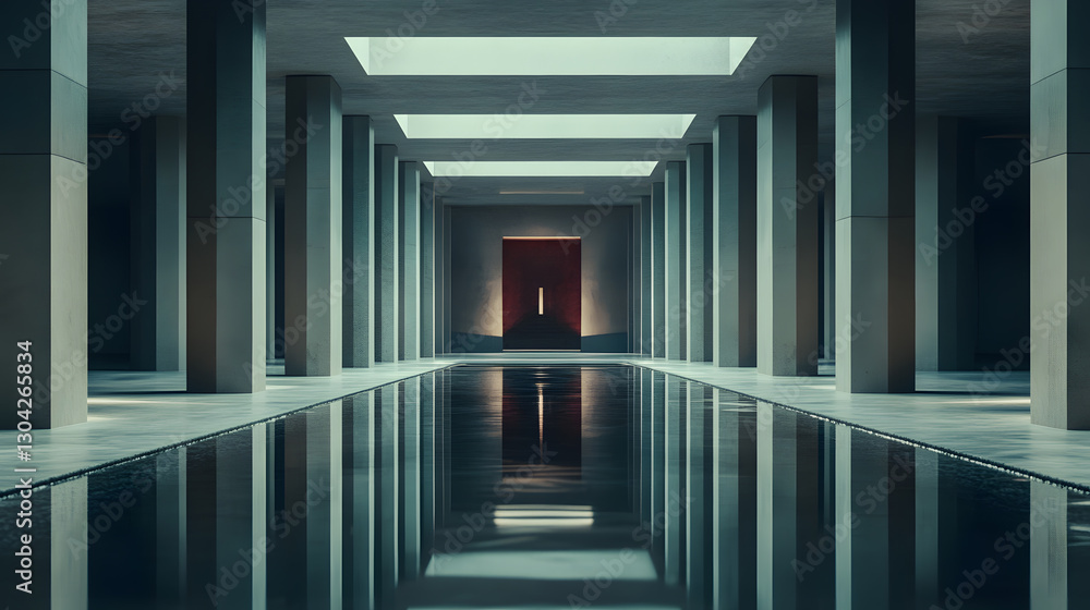 Fototapeta premium Symmetrical architecture design scene captured with reflective water modern interior background wallpaper minimalist aesthetic