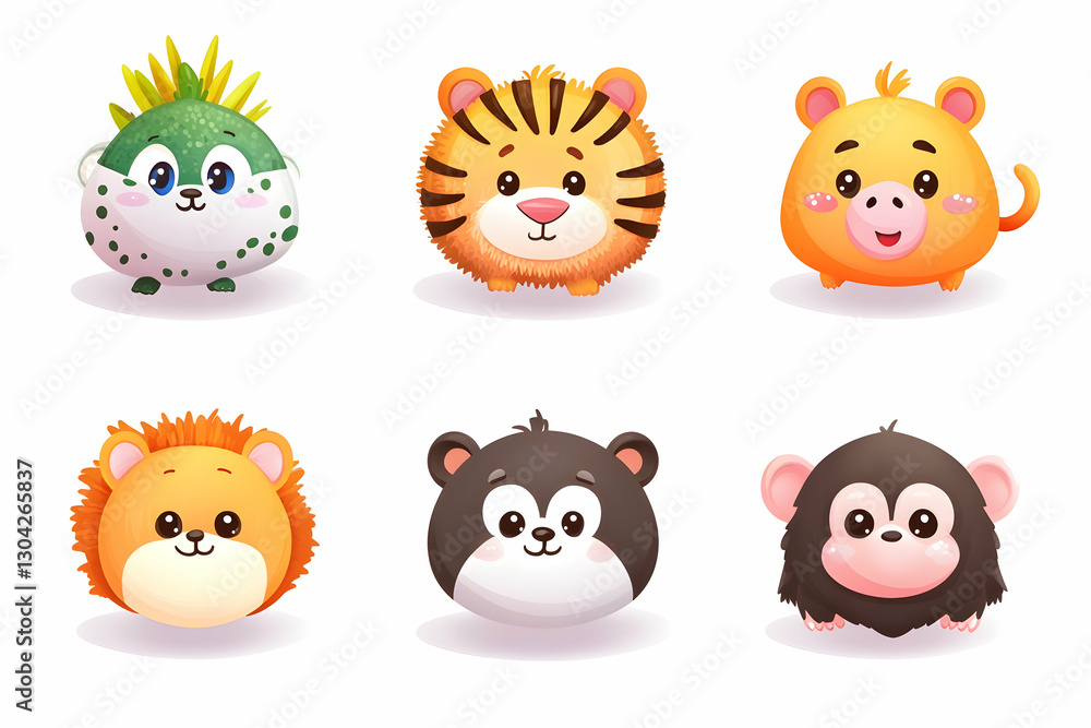 Six cartoonish animals lined up on a white surface with gradient pink/white background Six cartoonish animals lined up on a white surface with gradient pink/white background