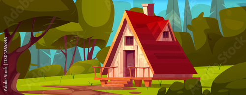 Wooden log house in summer forest. Vector cartoon illustration of mountain glamping chalet, camp hut, rural cottage with patio, windows and chimney on roof, green trees and grass, nature recreation