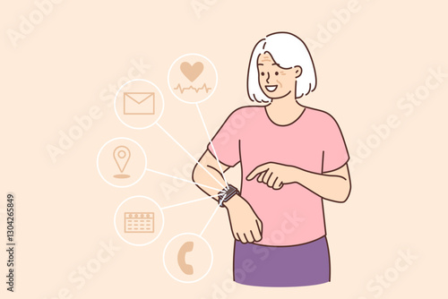Fitness bracelets or smartwatch on hand elderly woman using gadget to make call or measure heartbeat