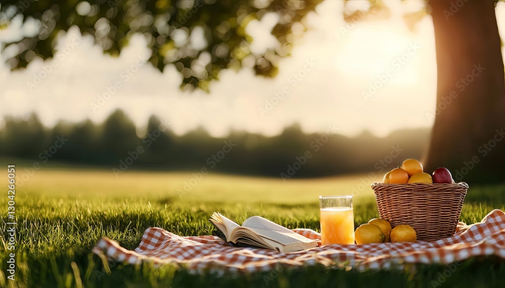 Fototapeta premium A serene picnic setup on grass featuring fresh fruits and a glass of juice.