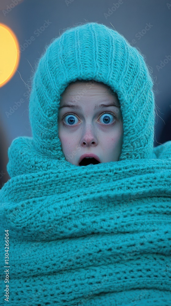 Surprised person wrapped in a cozy teal blanket in winter. Surprised person wrapped in a cozy teal blanket in winter.