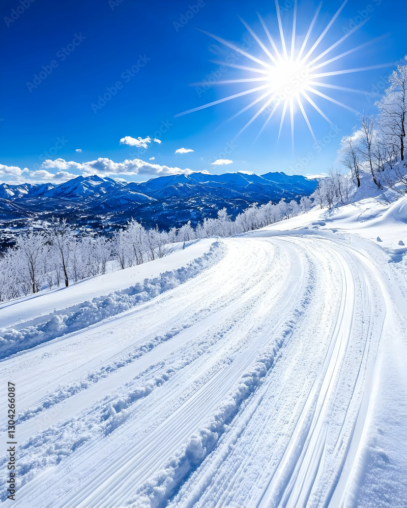 Obraz premium Snowy Mountain Ski Trail Sunlight