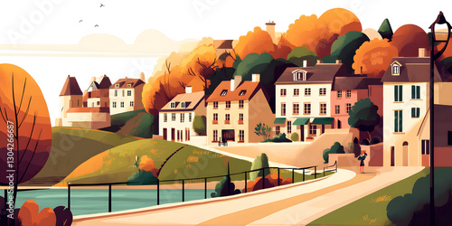 Minimalist Vector Illustration of Dinan, Brittany – A Medieval Coastal Landscape
