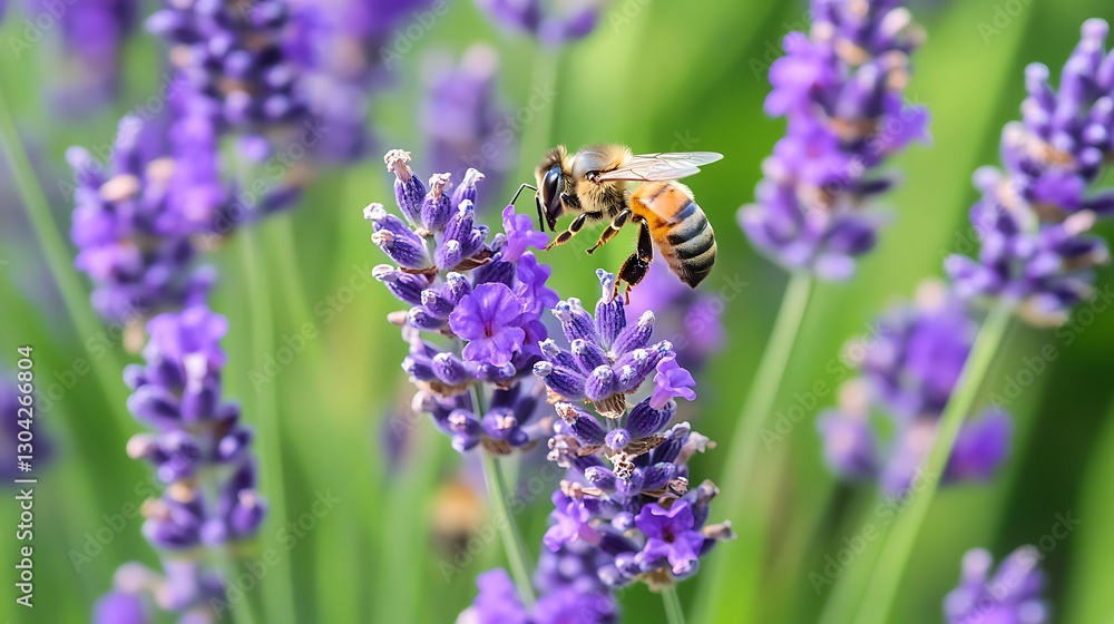 Bee Pollinating Purple Lavender Flowers in a Sunny Garden, Close-Up Bee Pollinating Purple Lavender Flowers in a Sunny Garden, Close-Up