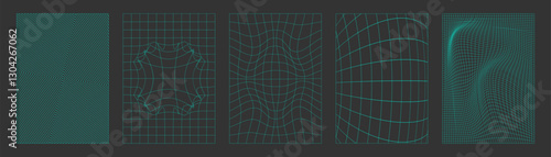 Y2k grid backgrounds collection with geometric distortion effects - neon green lines on dark surfaces with optical illusion patterns. Retro futuristic digital designs for web pages, posters or banners